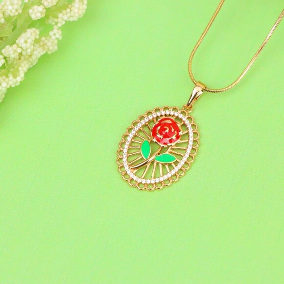 "Rose Gold Oval Pendant with Red Rose and Green Leaf Enamel Design, XPPT1379 - Picture 2 of 13